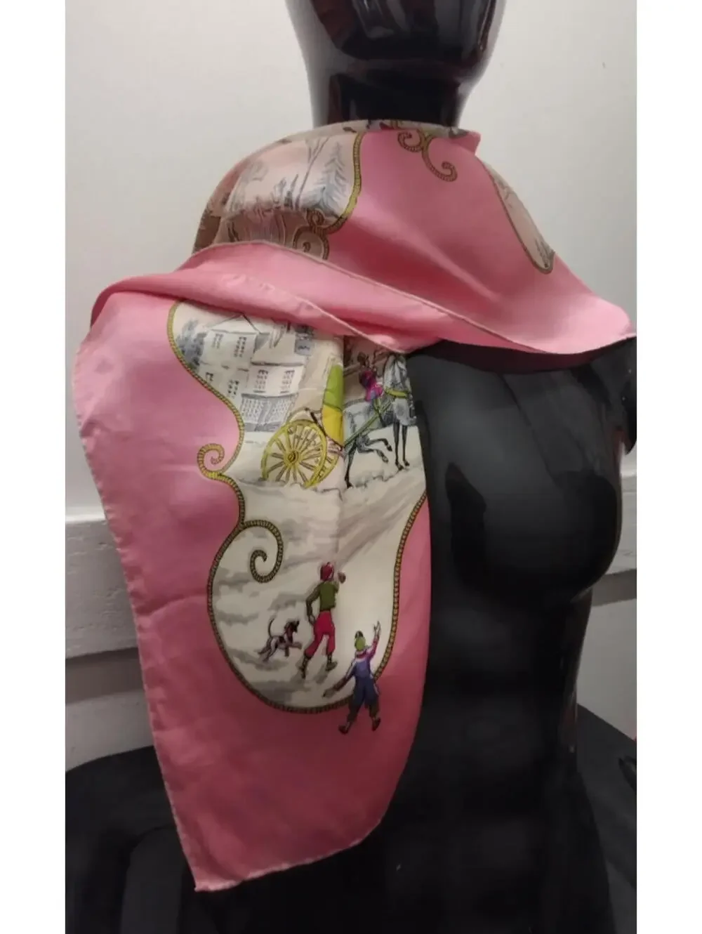 40s 50s Silk Pink Scarf CHRISTMAS WINTER SCENES Victorian Carriage Chartreuse